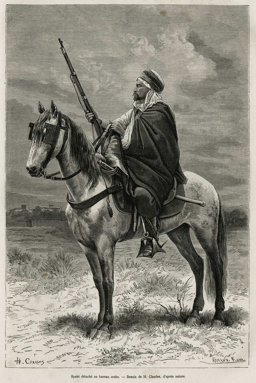Spahi, effektiv rytter og redsel som bidrar til erobringen av Algerie, til tjeneste for Frankrike, løsner ved det arabiske kontoret, graverer etter en tegning av H.Charles, for å illustrere historien Tebessa og dens monumenter (Algeria), av A. Heron de Vil av French School