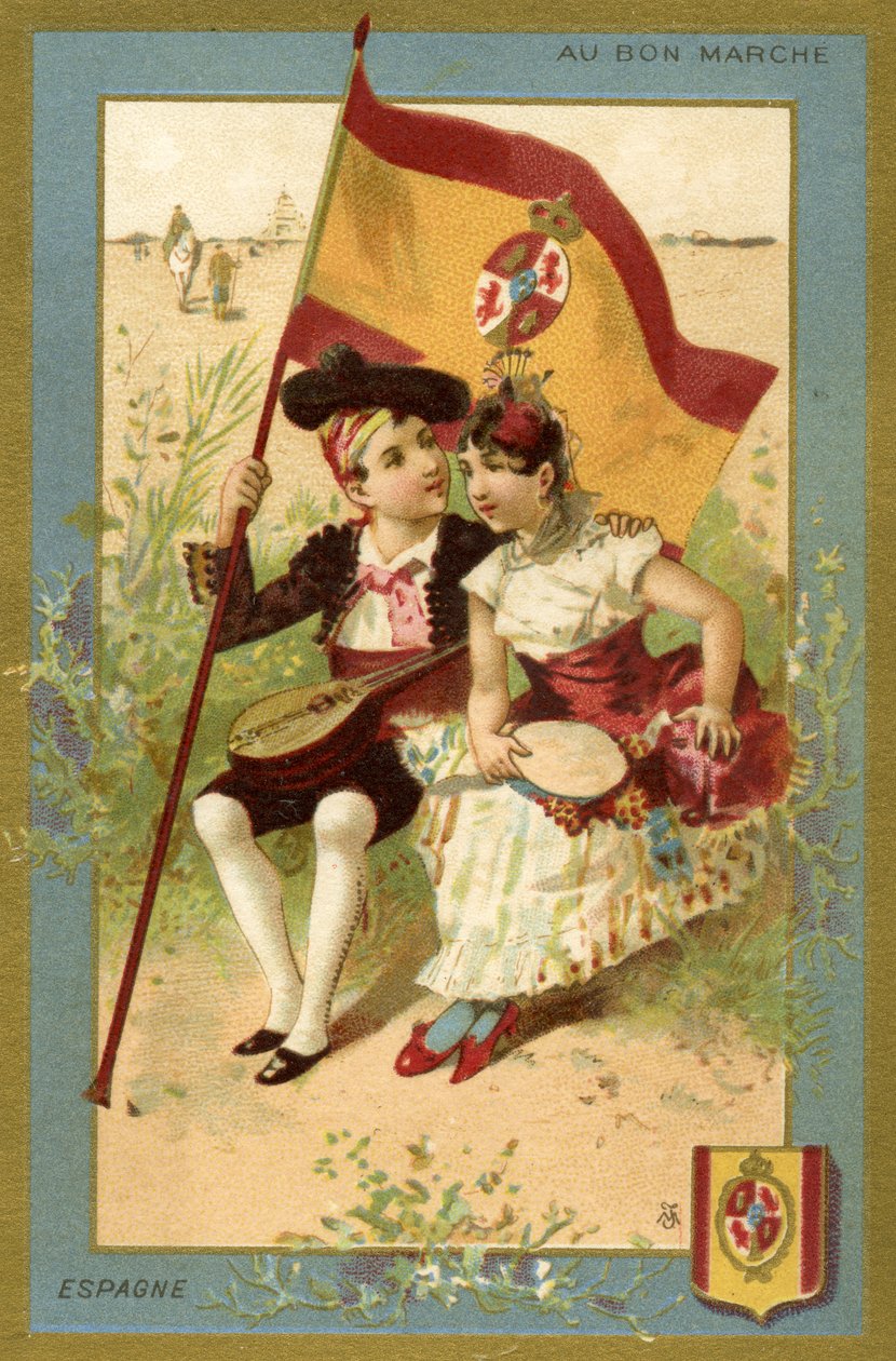 Spansk gutt og jente, fra en serie illustrasjoner av barn fra forskjellige land, produsert som salgsfremmende kort for Bon Marché Department Store i Paris, ca. 1890 av French School
