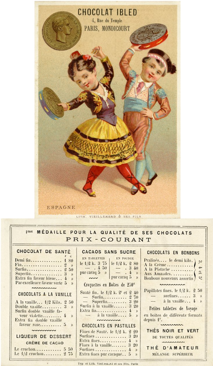Spanske barn som danser med tamburiner laget av pesetas, fra en serie kampanjekort på valutaer i forskjellige land, utgitt i Paris av Vieillemard for bruk av Chocolat Ibled, 1886-95 av French School