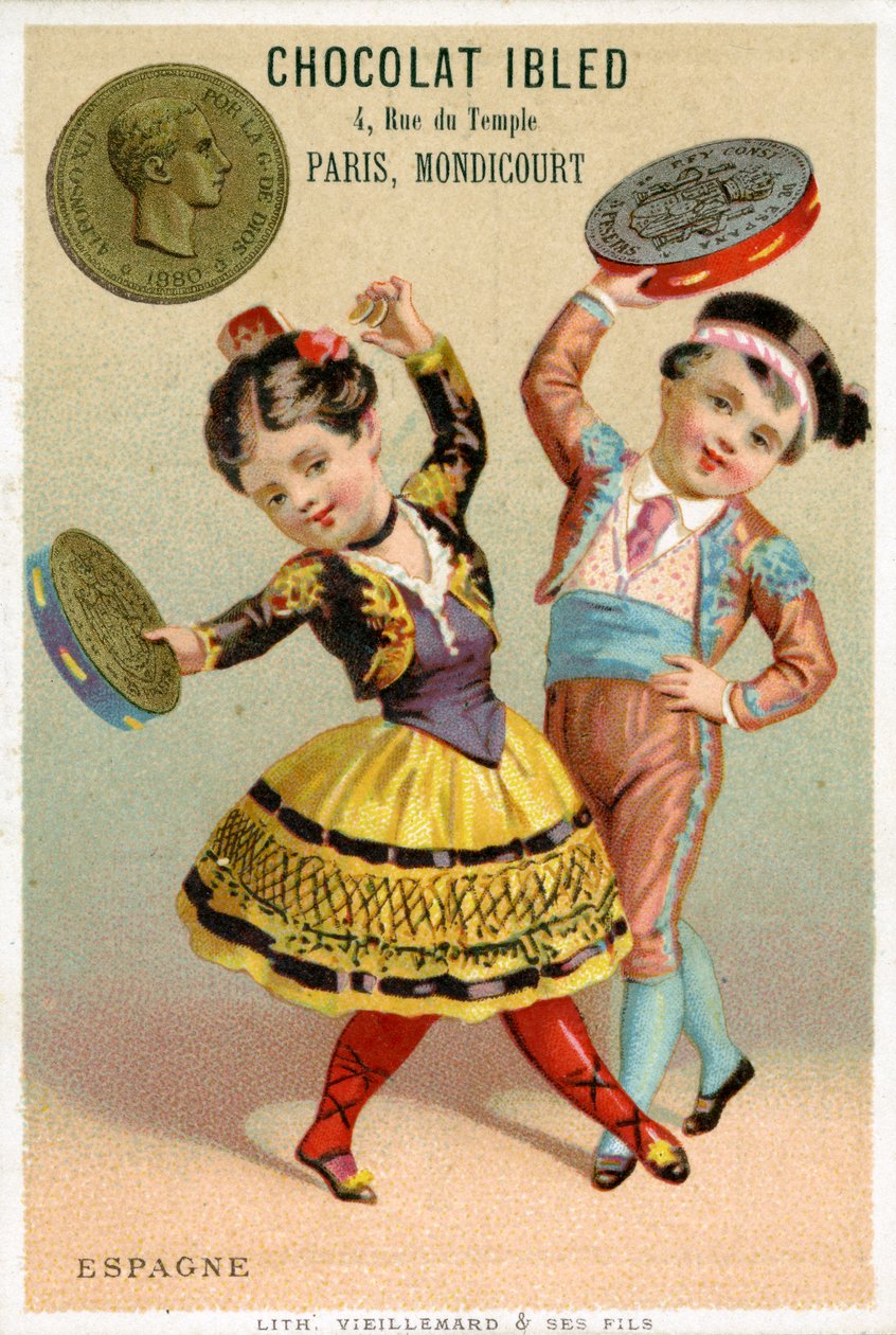 Spanske barn som danser med tamburiner laget av pesetas, fra en serie kampanjekort på valutaer i forskjellige land, utgitt i Paris av Vieillemard for bruk av Chocolat Ibled, 1886-95 av French School