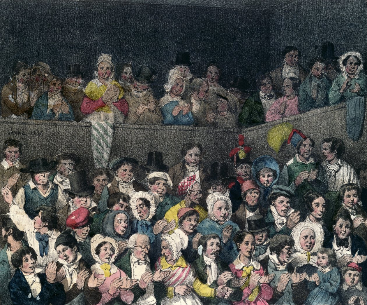 Tilskuere som applauderer på teatret, gravert av Benard og Frey, 1837 av French School