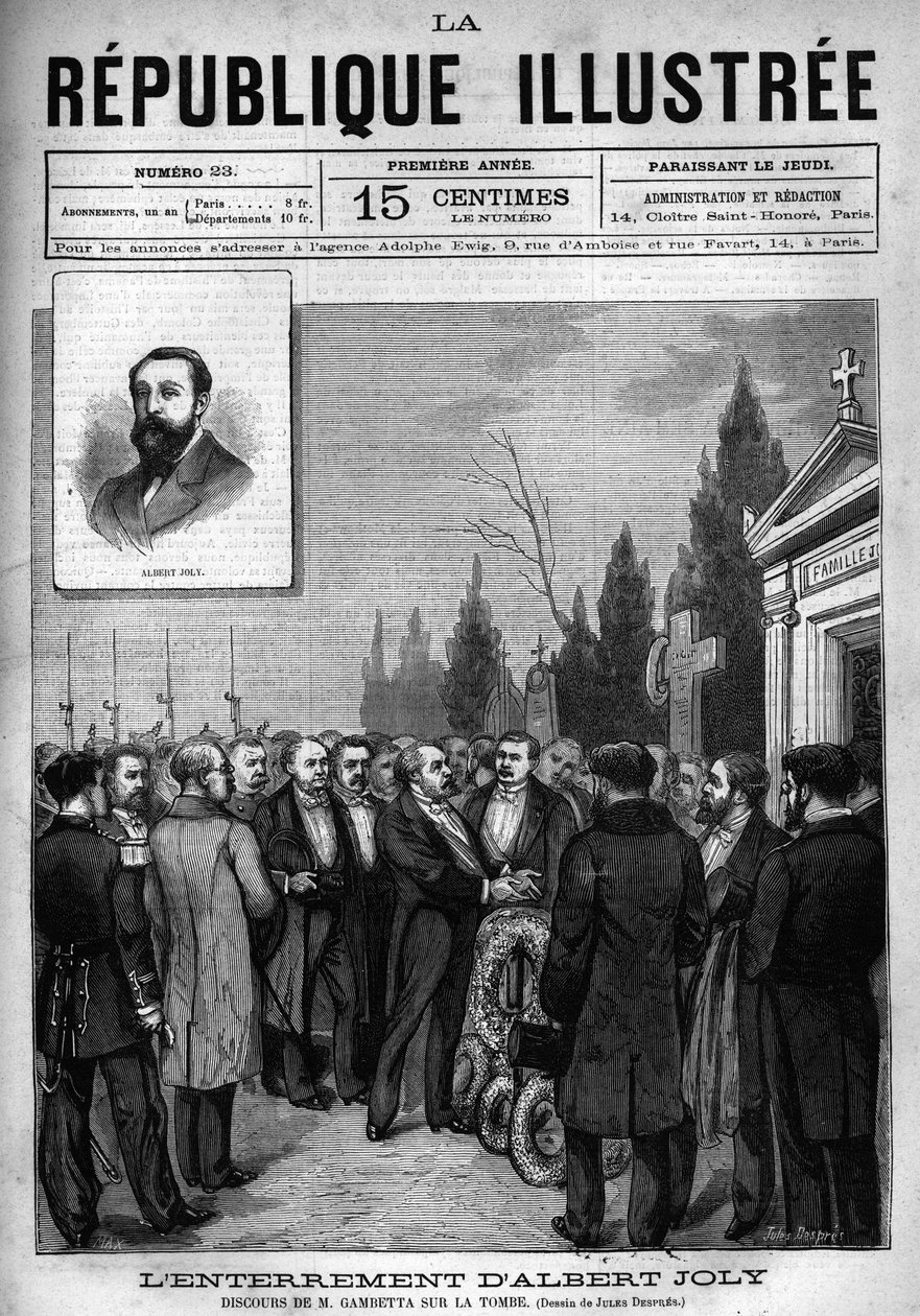 Speech by Leon Gambetta (1838-1882) at the burial of depute Albert Joly (1844-1880) at the cemetery of Versailles. A newspaper. Engraving from 1880 in “La republique illustree”” private collection. av French School
