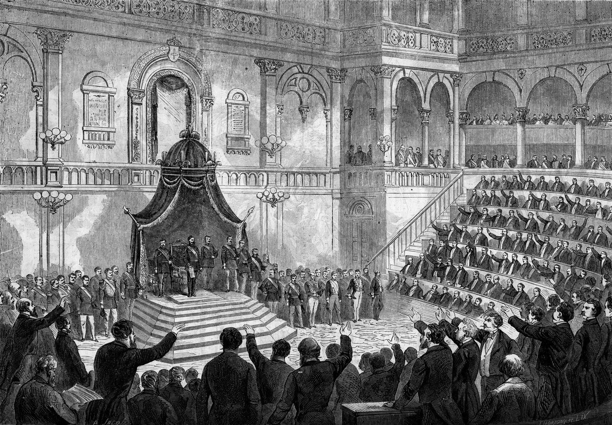 Tale av kongen av Italia Victor Emmanuel II (Vittorio Emanuele) (Victor-Emmanuel) (1820-1878) ved åpningen av sesjonen til de italienske statene i parlamentet i Torino av French School