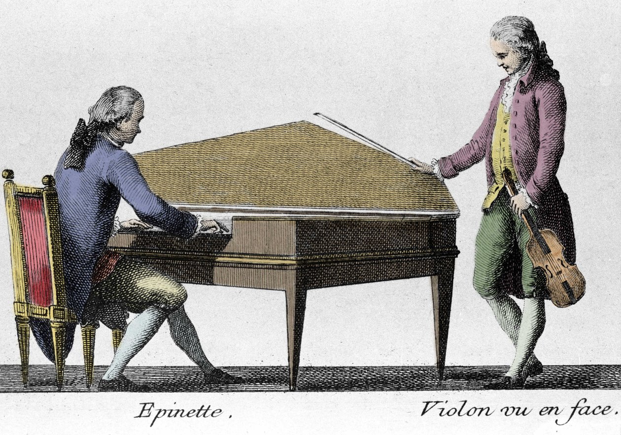 Spinett og fiolinspiller. Gravering fra slutten av 1700-tallet. av French School