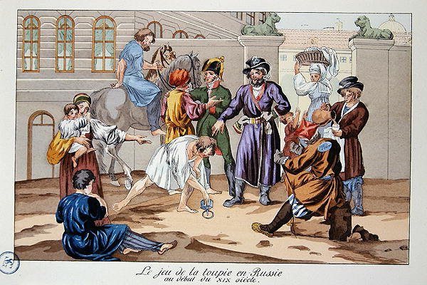 Spinning Top Game i Russland på begynnelsen av det nittende århundre (farge litho) av French School