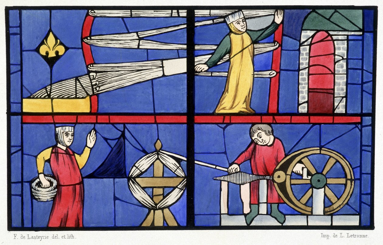 Spinneverksted. Faksimile av glassmaleriene til katedralen i Amiens - i "History of glass painting"" av Ferdinand de Lasteyrie av French School