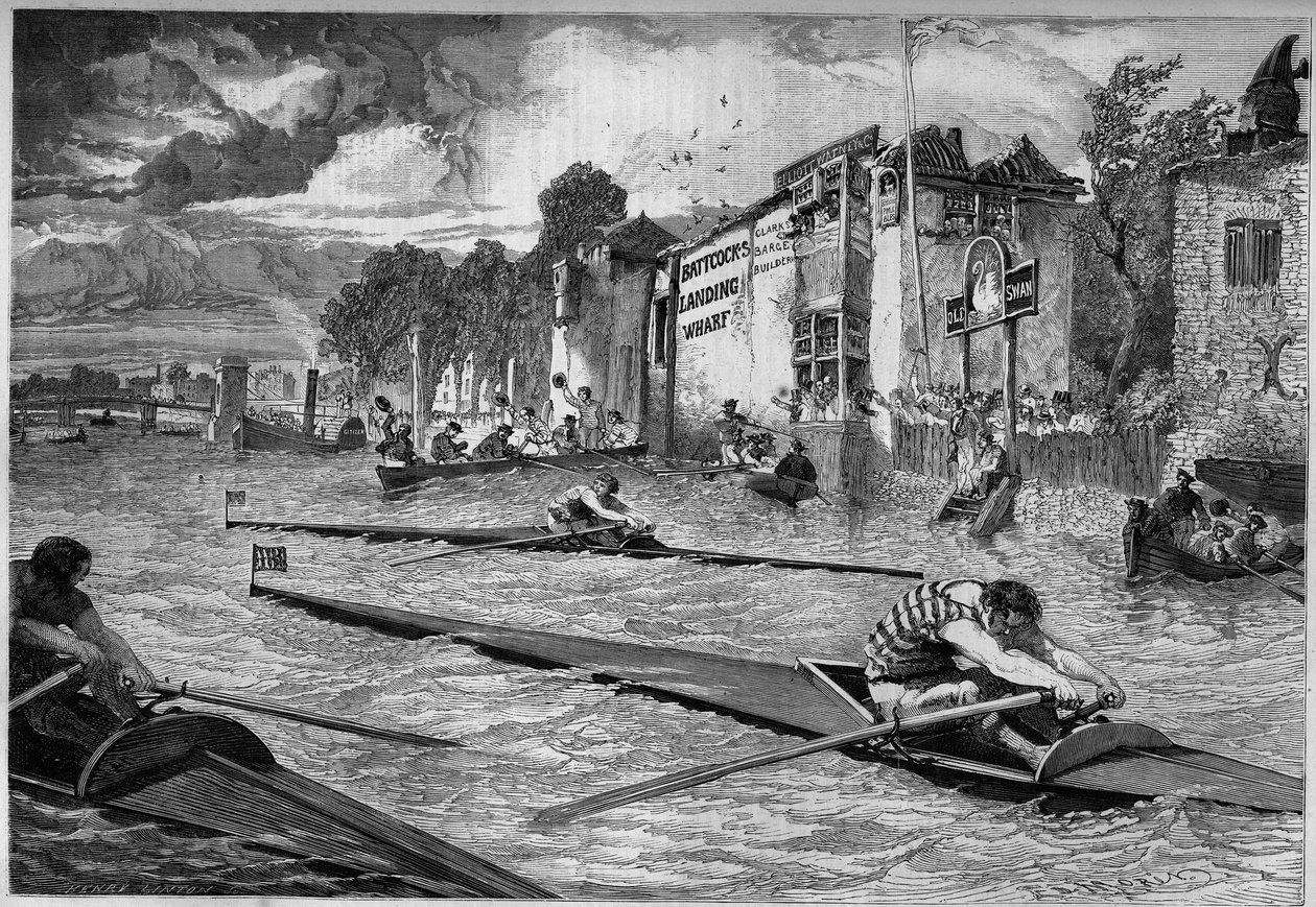 Sports competition: canoe race (outrigger) on the Thames. England av French School