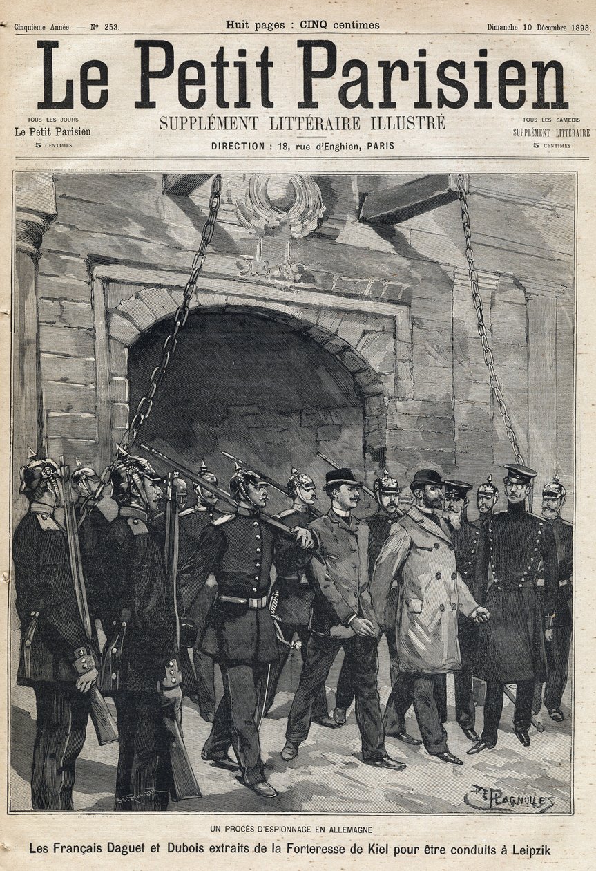 Spy trial in Germany: the French Daguet and Dubois taken from Kiel fortress to Leipzig. One of the newspaper " Le petit Parisien”” on 10/12/1893 (engraving) av French School