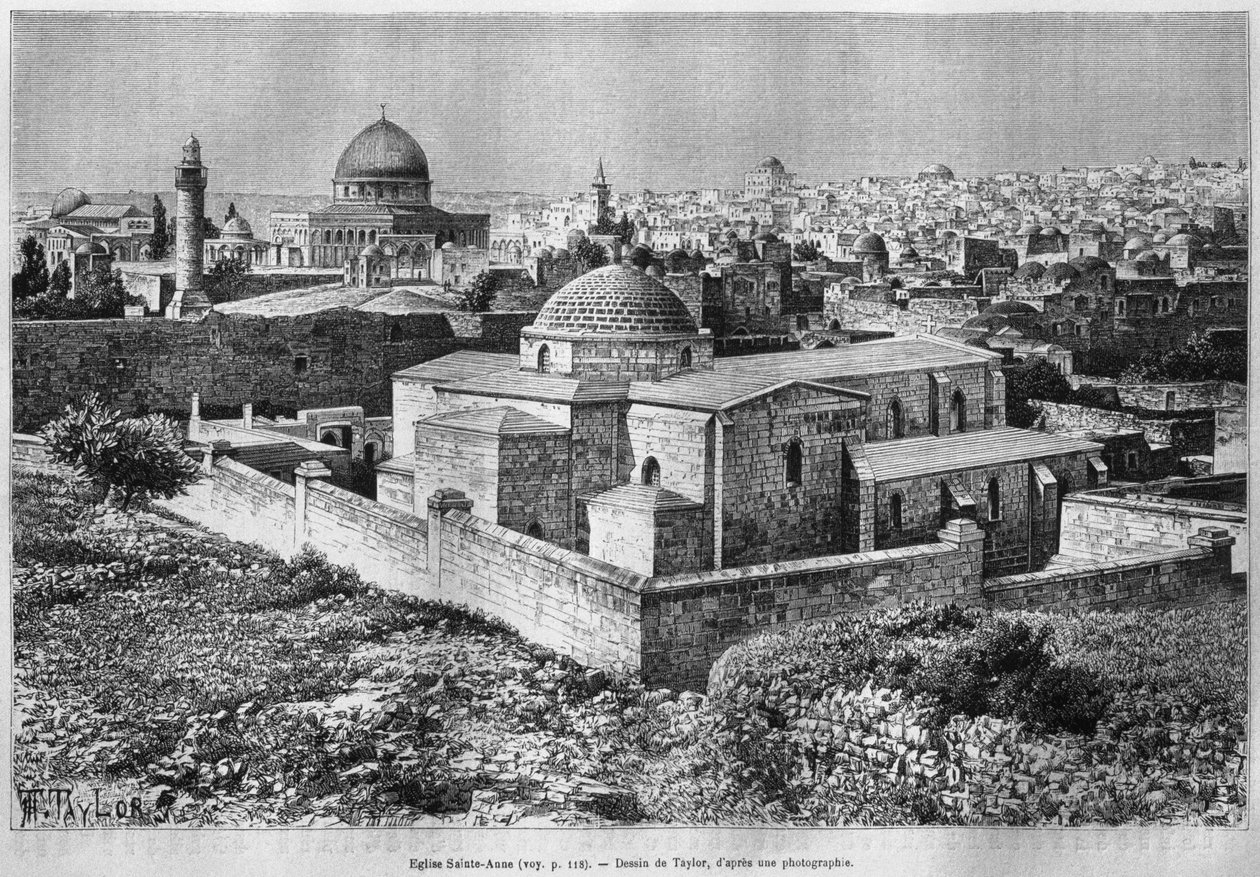 St. Ann Church og Klippedomen, Tempelhøyden, fra Syria i dag. Reiser i Fønikia, Libanon og Judea. 1875-1880 av Louis Charles Emile Lortet, 1884 (bw gravering) av French School