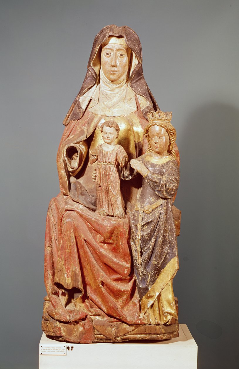 St. Anne, jomfruen og barnet, 1400-1500-tallet (polykromt tre) av French School