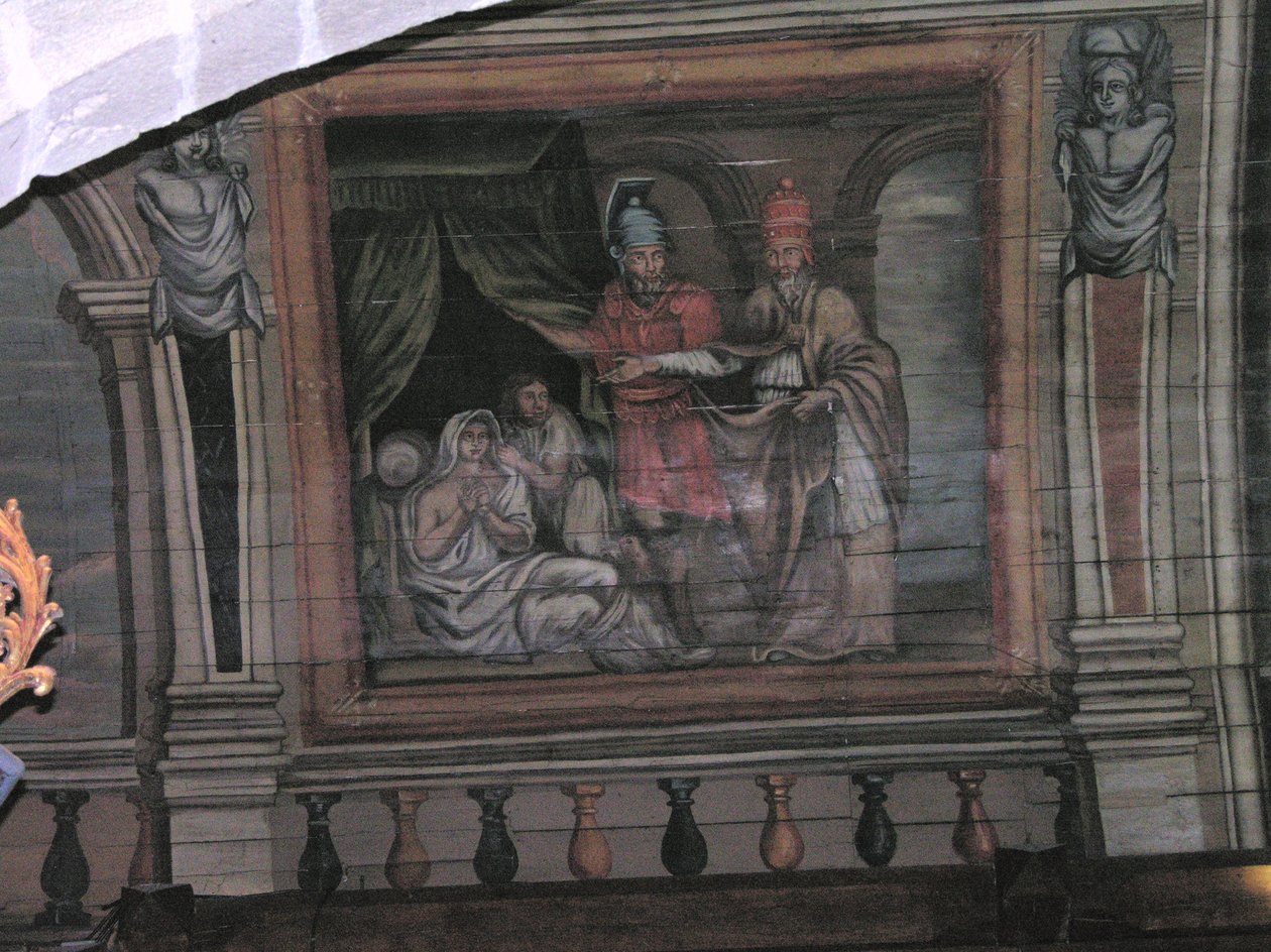 St. Cornely utfører et mirakel (malt tre) av French School