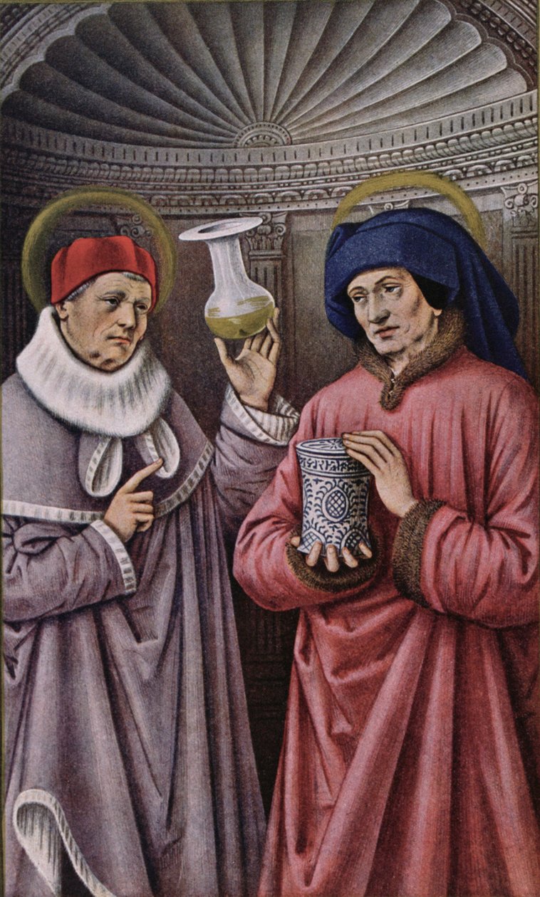 St. Cosmas og St. Damian, skytshelgener for leger og apotekere, kopi fra en timebok til Anne av Bretagne av French School