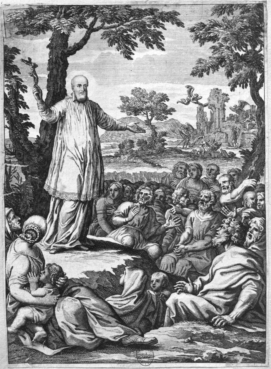 Den hellige Frans av Sales (1567-1622) forkynner for kjettere i Chablais (gravering) (bw foto) av French School