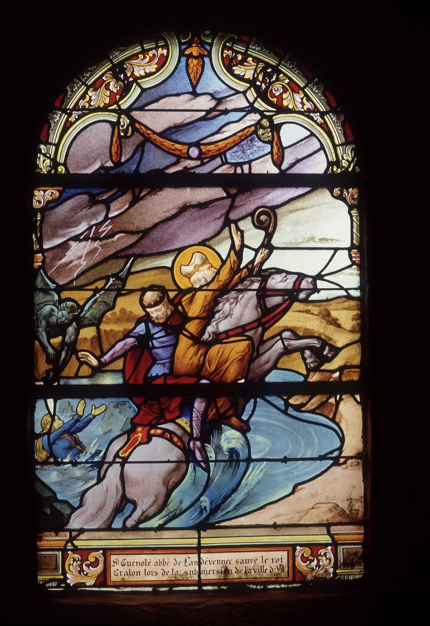 St Guenolé, abbed av Landévennec, redder kong Gralon under oversvømmelsen av byen Ys - glassmalerier i St Germain-kirken i Kerlaz av French School