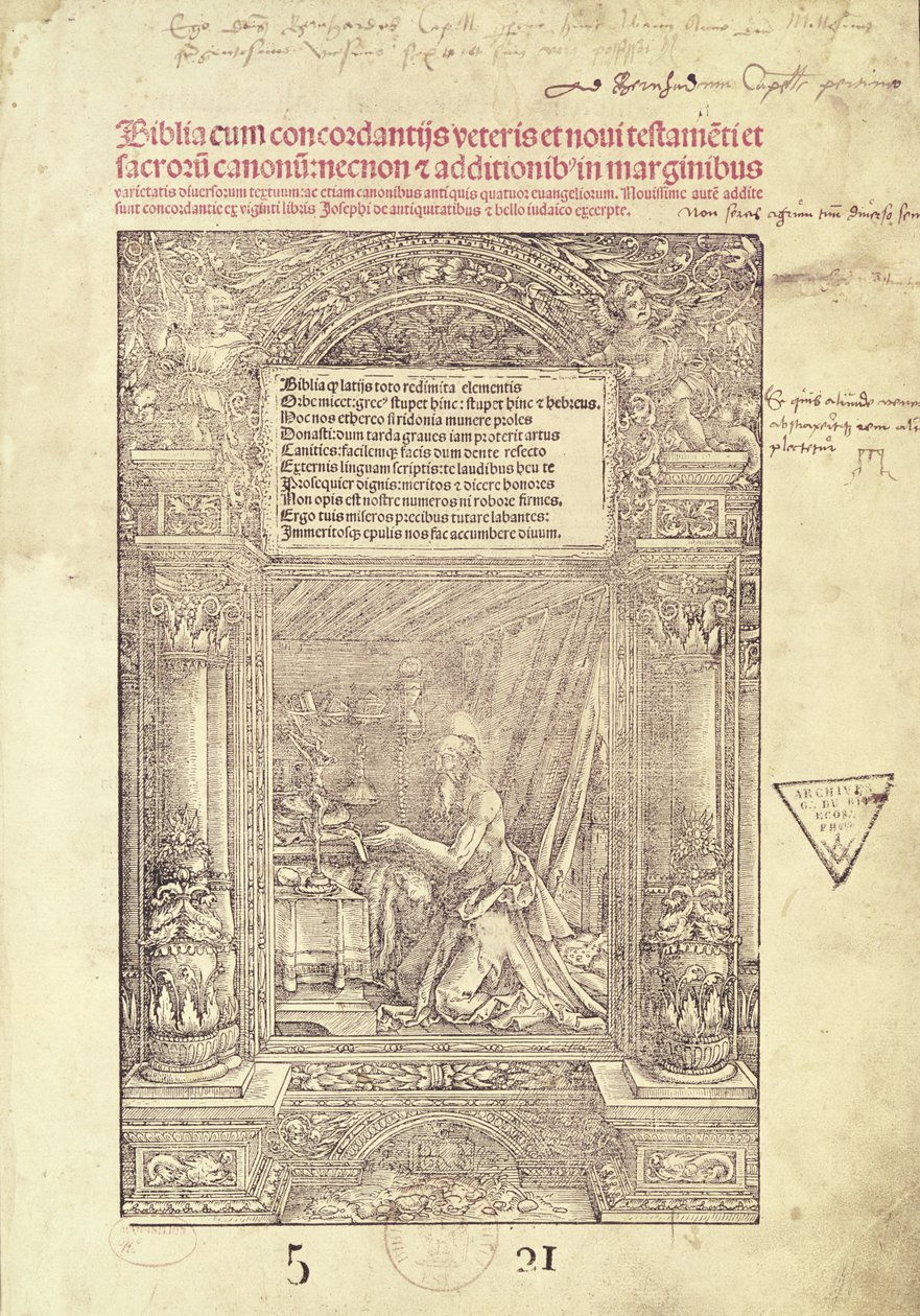 St. Hieronymus i hans Studiolo, tittelside til en bibel, trykt av J. Marion, Lyon, 1521 av French School