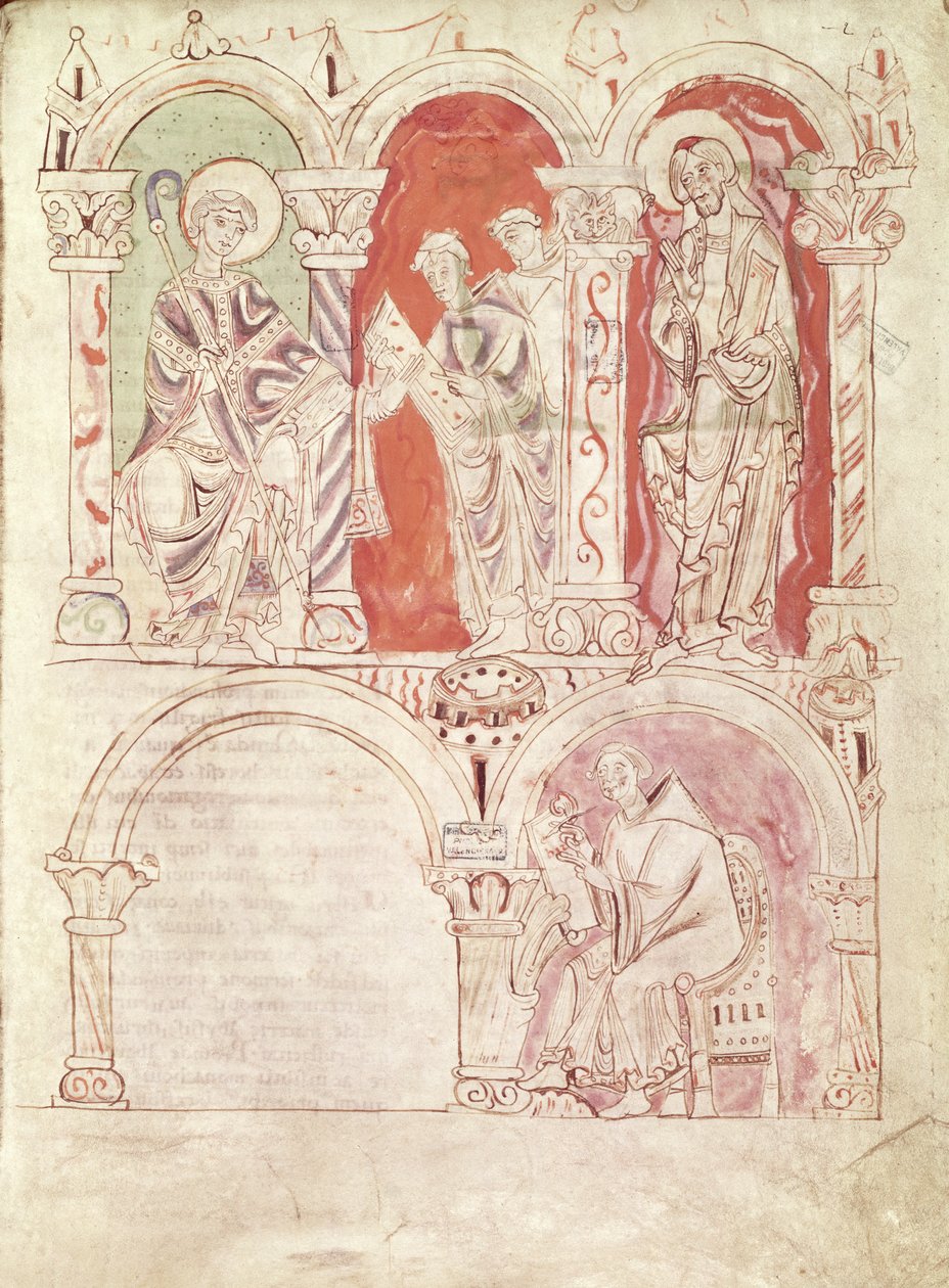 St. John Cassian (360-c.435) skriver og munker tilbyr boken til beskytter av klosteret, fra Collationes av Cassian, fra klosteret St. Amand av French School