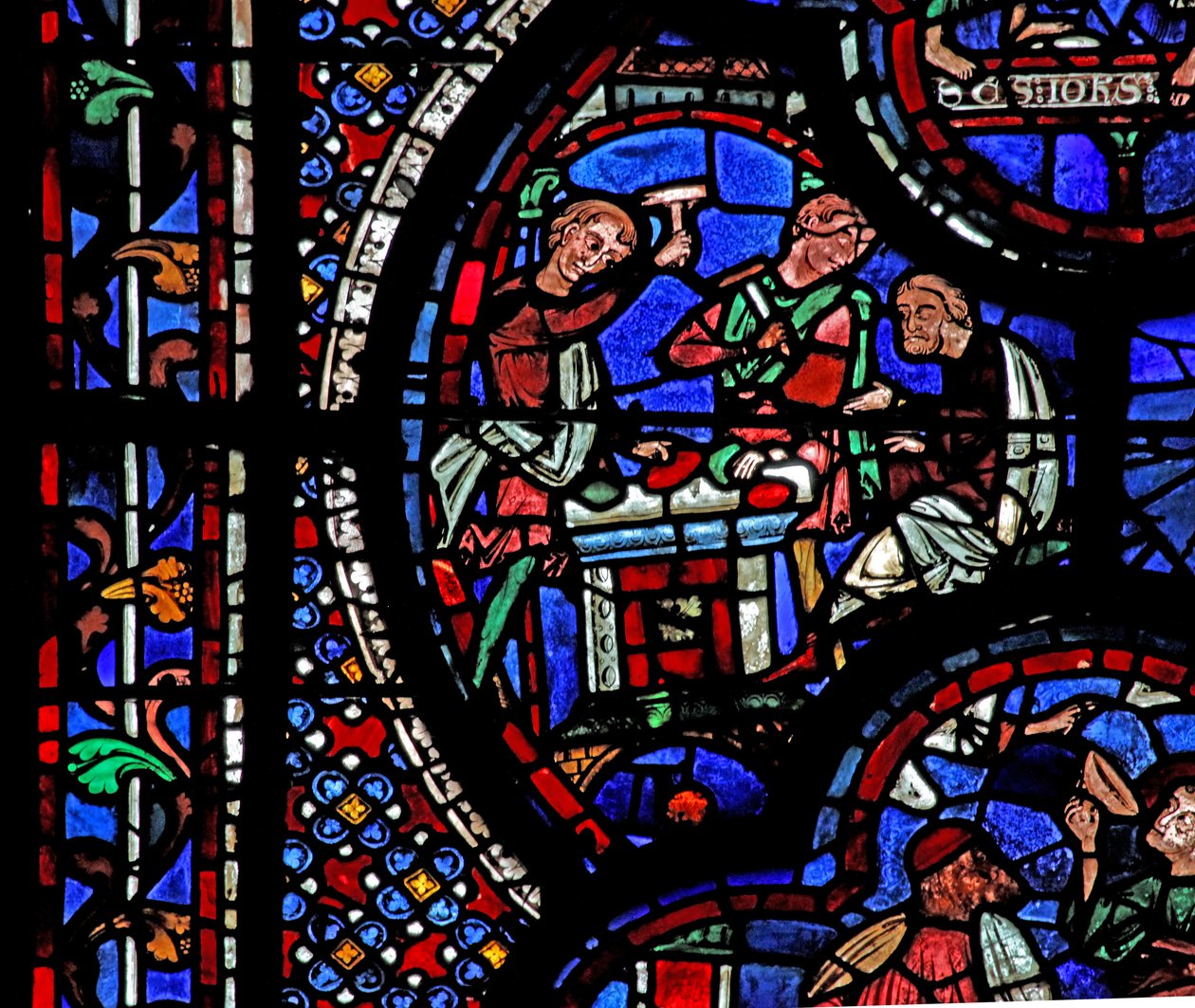 St John-vinduet: to menn bryter opp noen edelstener (w48) av French School