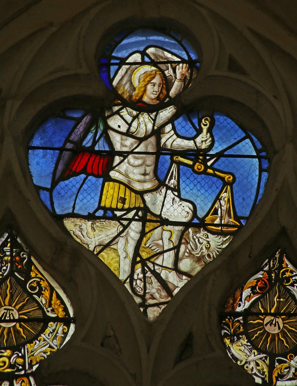 St Michael veier sjeler og tråkker på en djevel av French School