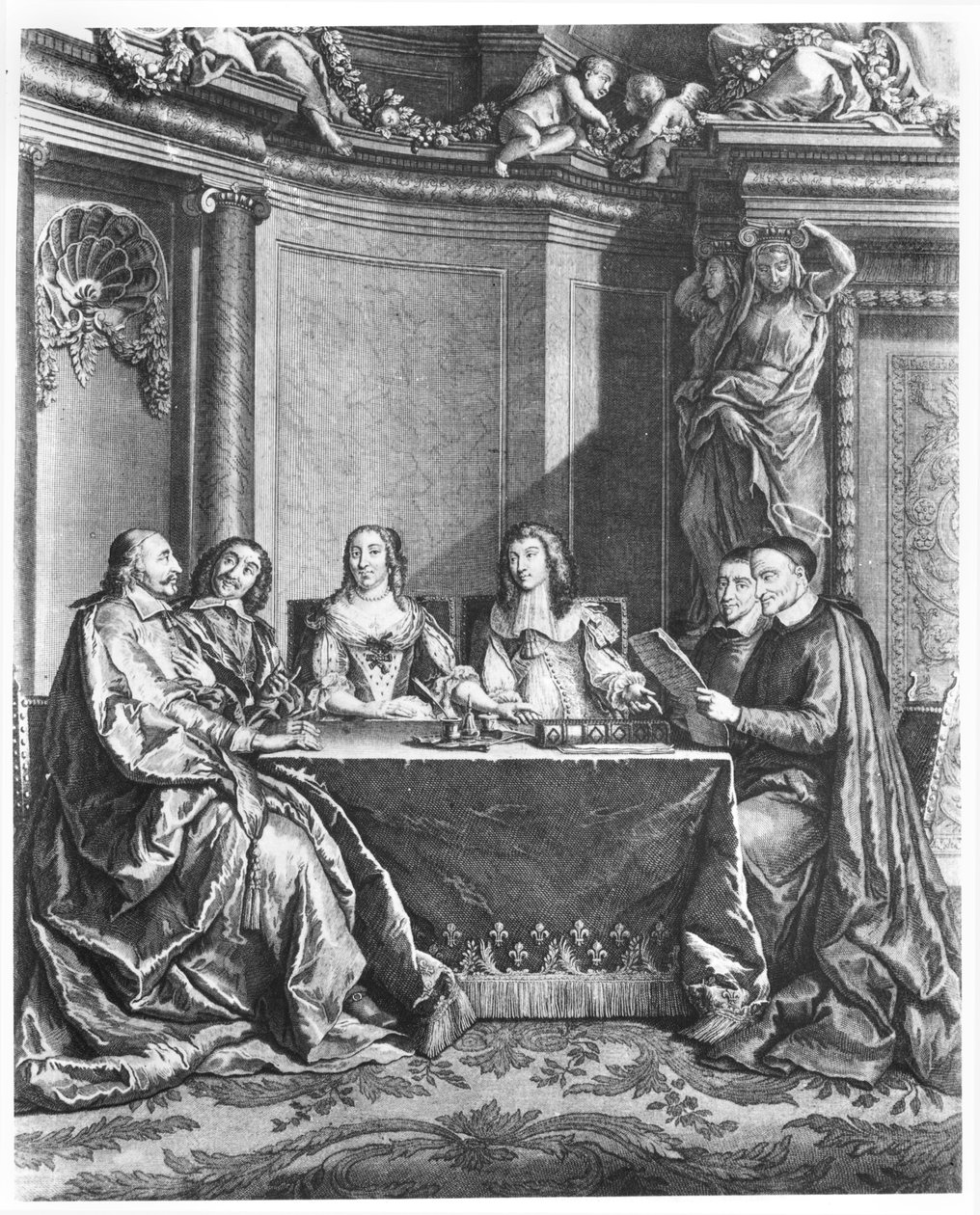 St. Vincent de Paul (1581-1660) og kardinal Jules Mazarin (1602-61) ved Conseil de Conscience av Ludvig XIV (1638-1715) gravert av Gerard Scotin (1643-1715) ca. 1660 av French School