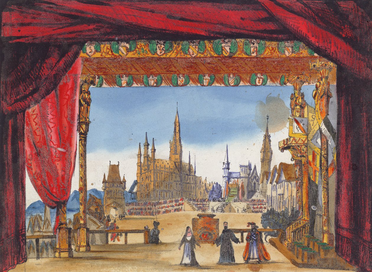 Scenedesign for akt V av La Juive, første gang fremført på Paris Opera 23. februar 1835 (wc på papir) av French School