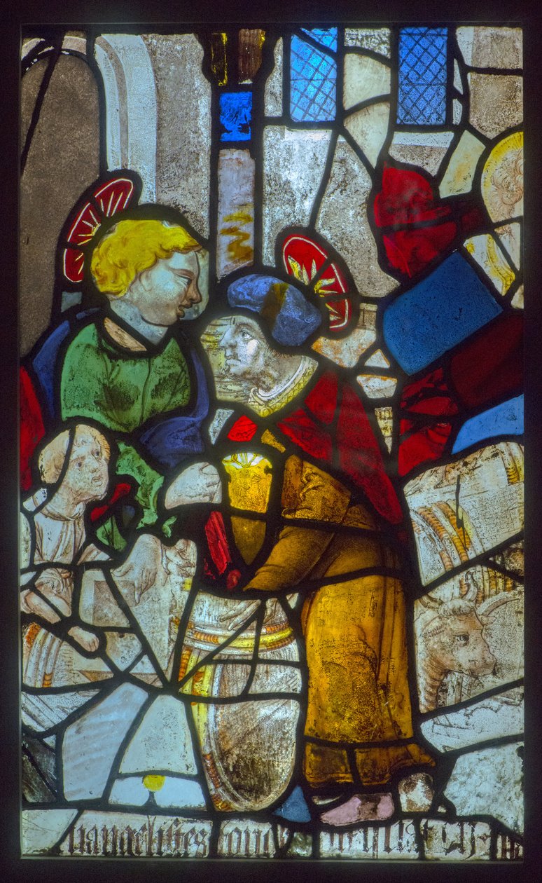 Farget glass, evangelistene som lagrer tønnene (tema for den mystiske pressen) av French School