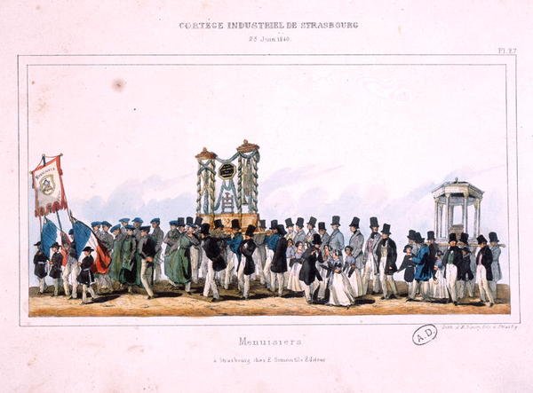 Start av tømrernes prosesjon i Strasbourg, 25. juni 1840 (farge litho) av French School