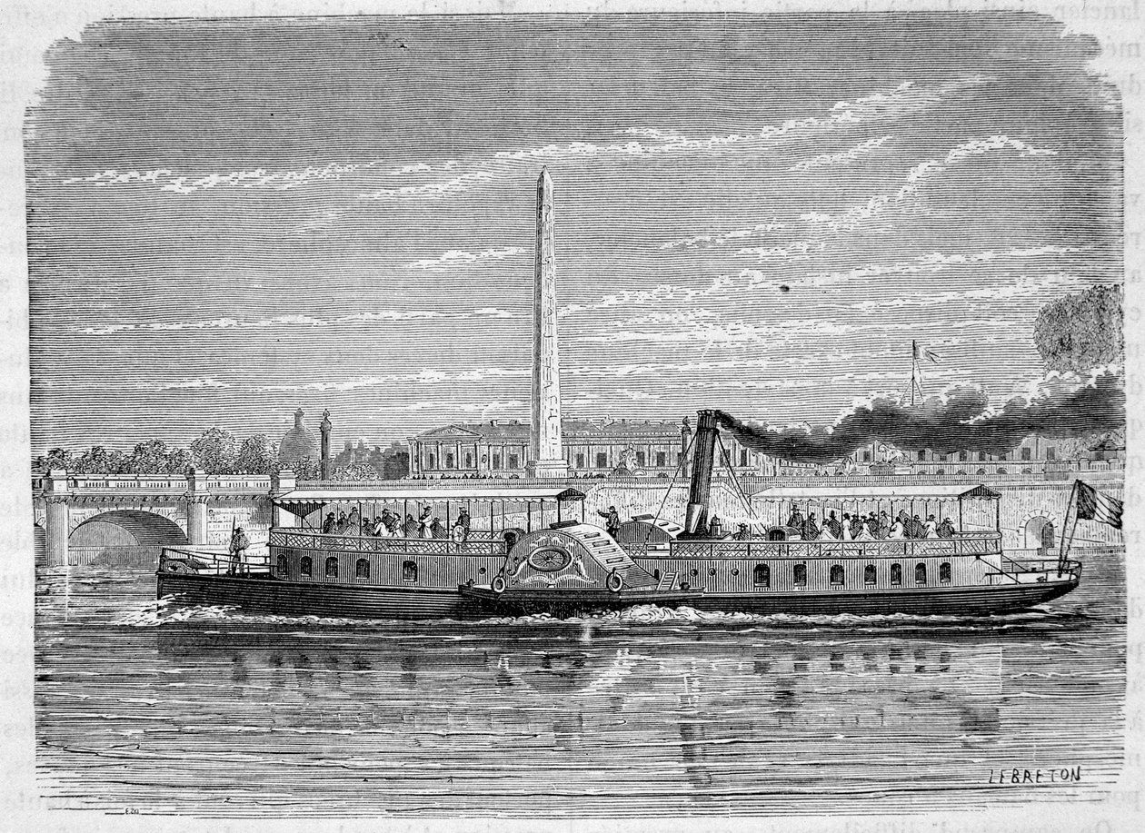 Dampbåt (hjul) ment å utføre omnibustjenesten på Seinen i Paris under verdensutstillingen i 1867 - gravering, sent på 1800-tallet av French School