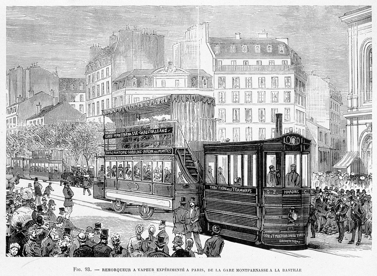 Dampslepebåt for erfarne trikkevogner i Paris, fra Montparnasse stasjon til Bastille - i "" The new conquests of science"" av Louis Figuier av French School