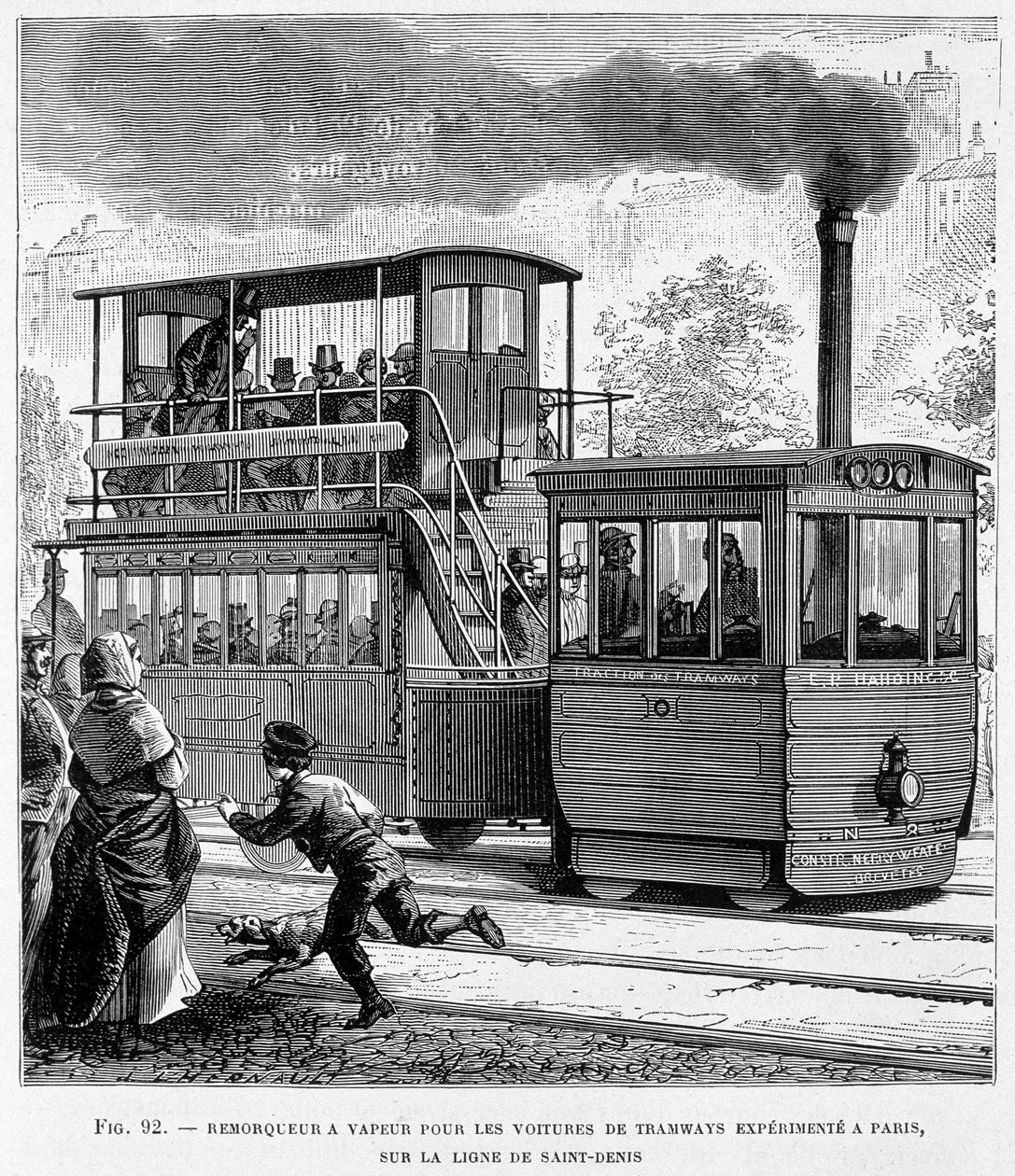 Dampslepebåt for erfarne trikkevogner i Paris, på Saint-Denis-linjen - i "" The new conquests of science"" av Louis Figuier av French School