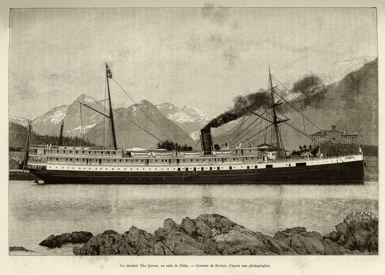 Steamer The Queen, i havnen i Sitka (Alaska, USA). Gravering av Bocher, i 1890, i Le tour du monde, nouveau journal des voyages, redigert av Edouard Charton (1807-1890), 2. semester 1891, utgave Hachette, Paris. av French School