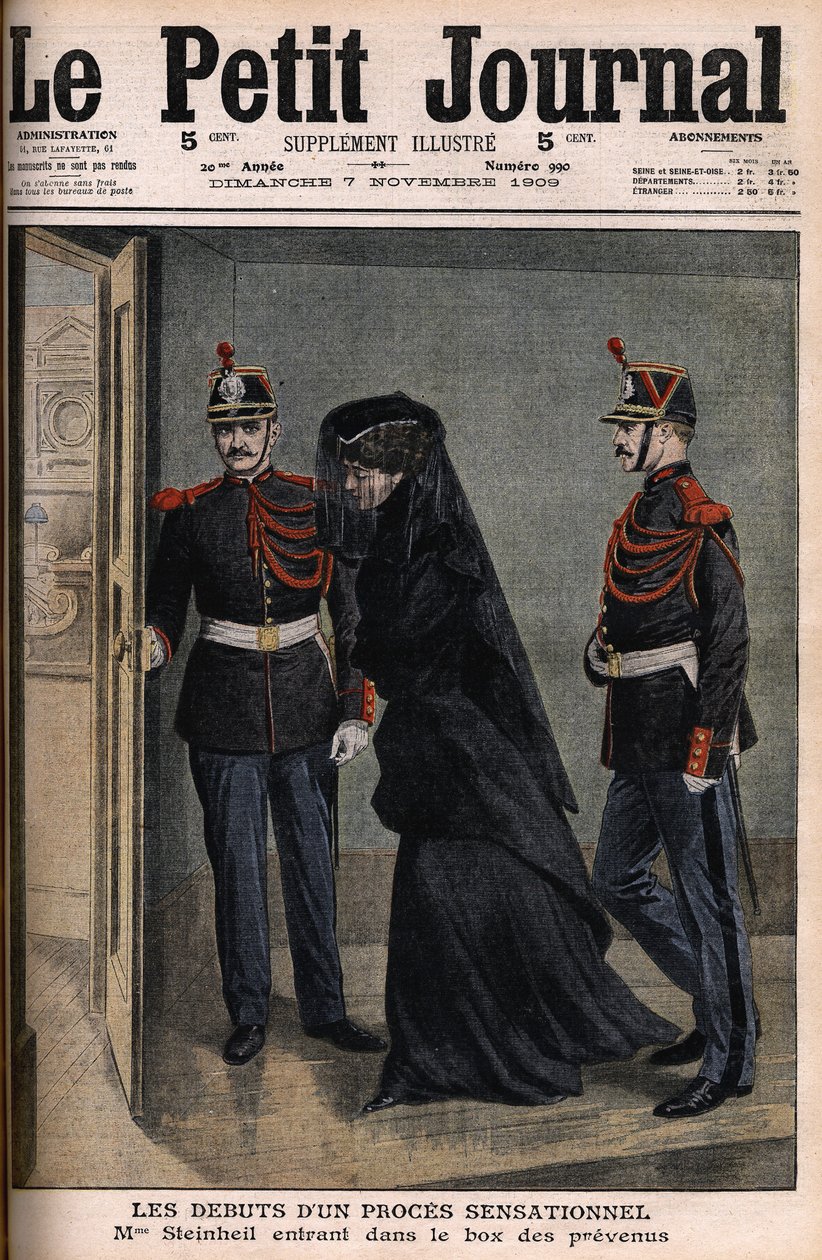 Steinheil-saken: Marguerite Steinheil (1869-1954) på vei inn i saksøktes boks - Le Petit Journal, 7. november av French School