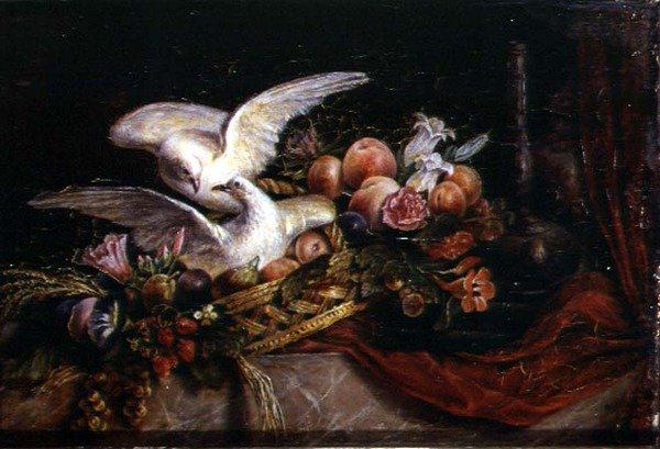 Stilleben med to hvite duer, ca. 1840 (akvarell på glass) av French School