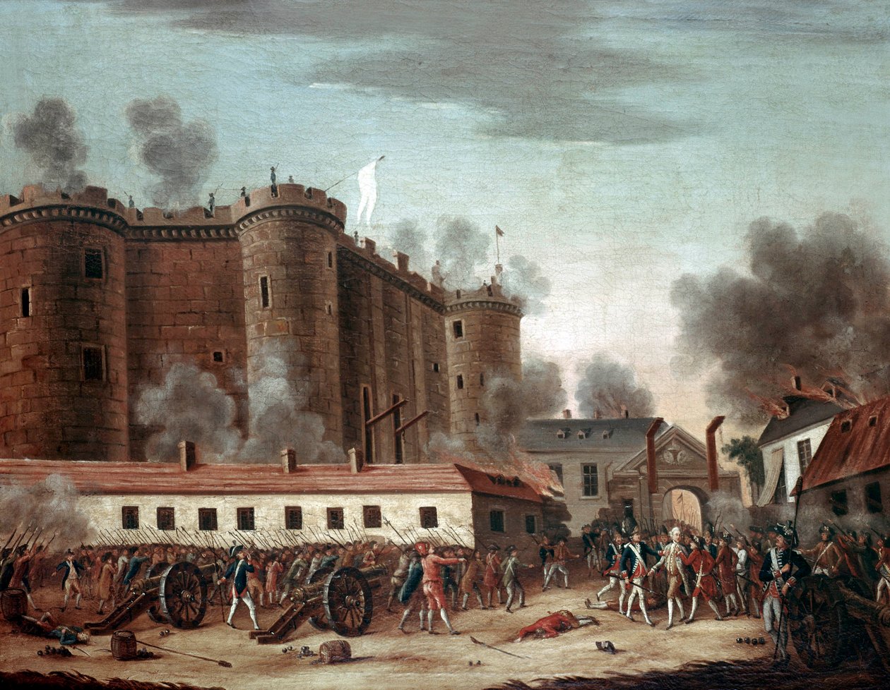 Storming of the Bastille, 14. juli 1789 (olje på lerret) av French School