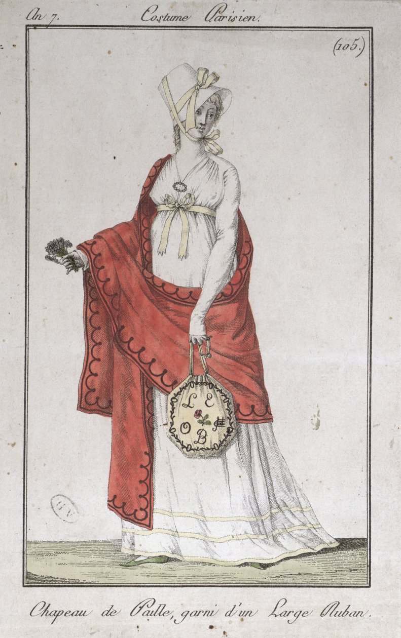 Stråhatt med bånd, moteplate fra Costumes Parisiens, 1799 av French School
