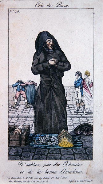 Gateselger av fyrstikker og tenningsved, tidlig på 1800-tallet (fargegravering) av French School