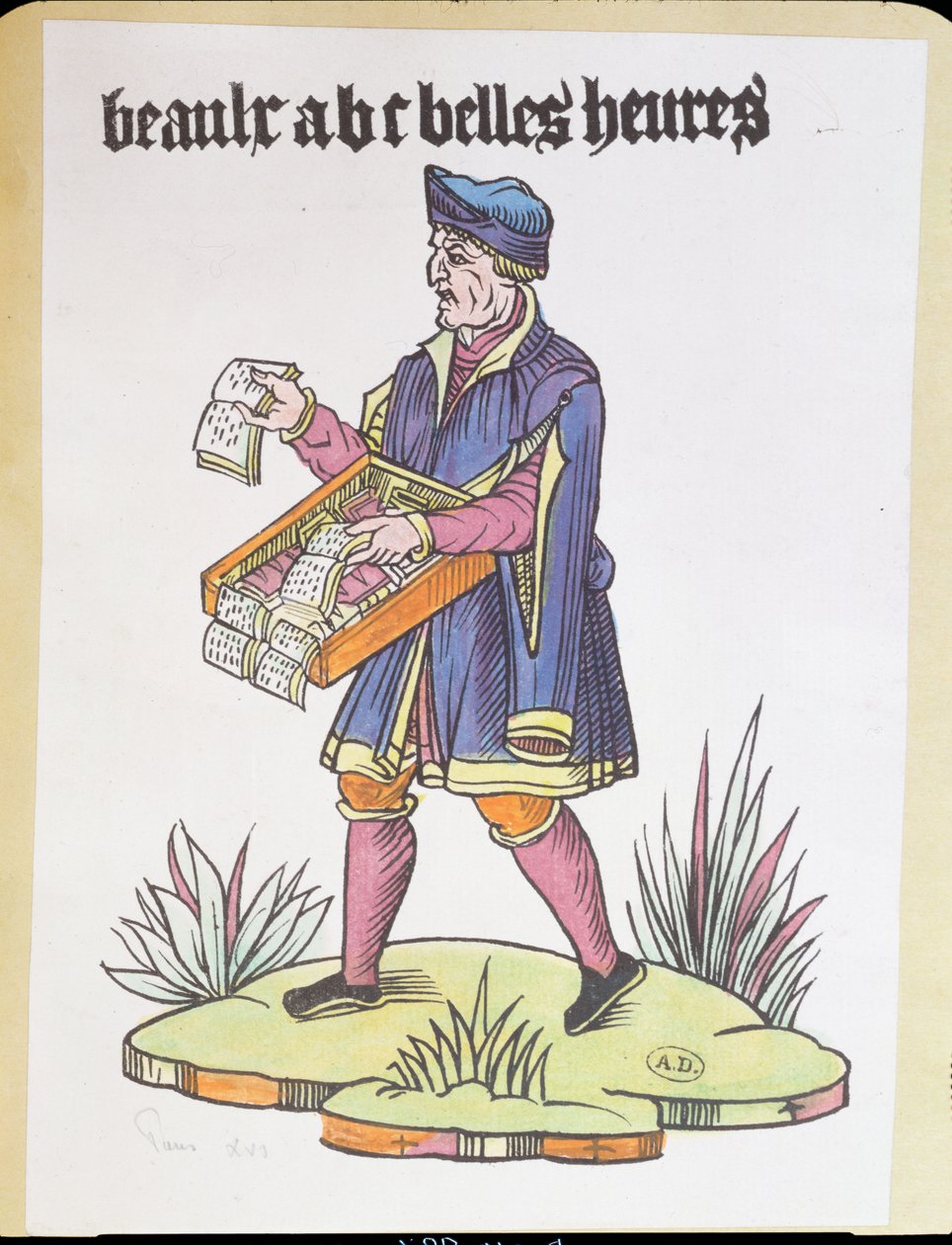 Gategateselger som selger primere og bøker med alfabet, fra Cris de Paris, ca. 1515 (farget tregravering) av French School