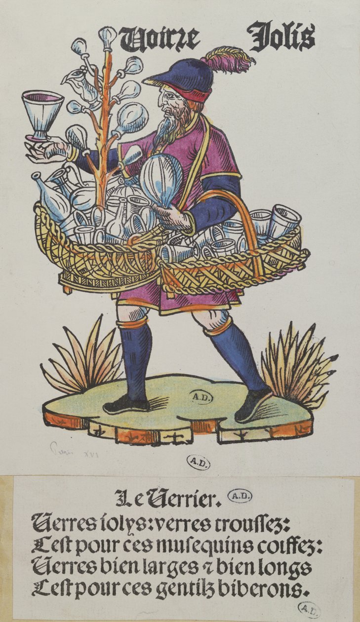 Gateselger som selger glass, fra Cris de Paris, ca. 1515 (farget tregravering) av French School