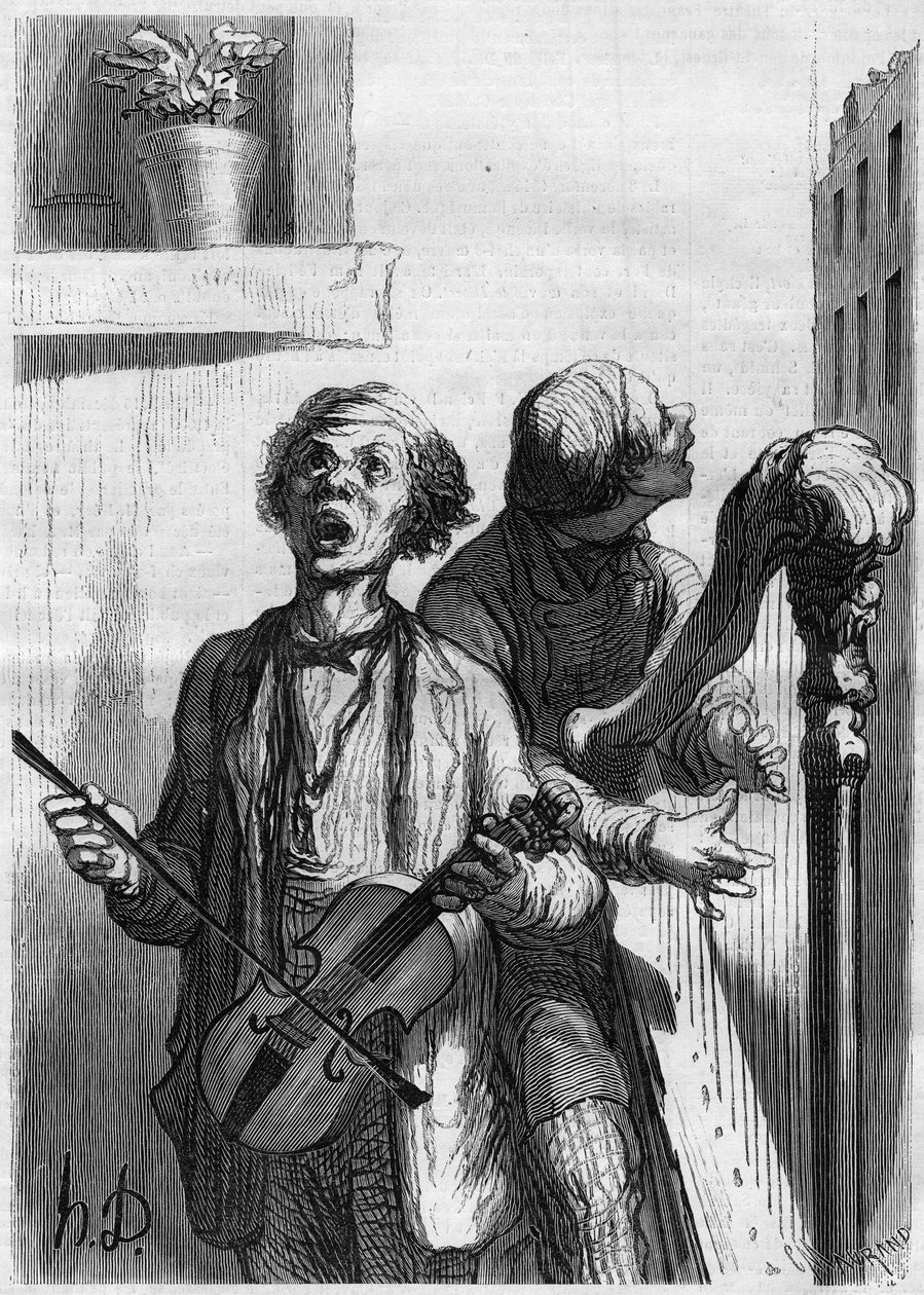 Street singers. Cartoon by Honore Daumier (1808-1879). Engraving in “” Le Monde Illustré”” n°297 of 20 December 1862. av French School