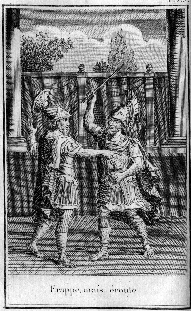 Slå til, men hør, svar gitt av Alcibiades (450-404 f.Kr.), athensk statsmann og strateg på truslene fra Eurybiades. I "" Skjønnheter fra gammel historie eller minneverdige fakta og ordtak fra store menn"" av French School
