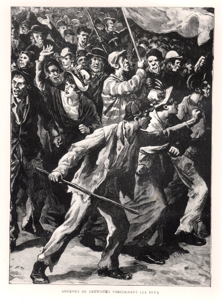 Streikere demonstrerte på gatene i Chicago under Pullman-opptøyene i 1894, ca. 1895 av French School
