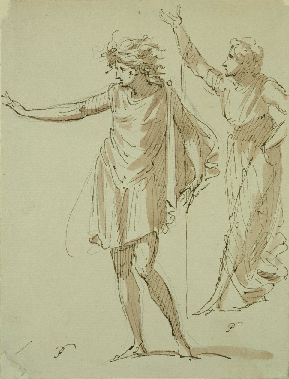 Studie av to klassisk draperte figurer, ca. 1790 (penn og blekk og vask på papir) av French School