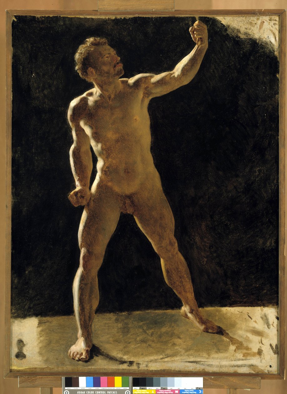 Studie av en naken mann som løfter neven. Anonymt maleri. Musee Granet, Aix en provence av French School