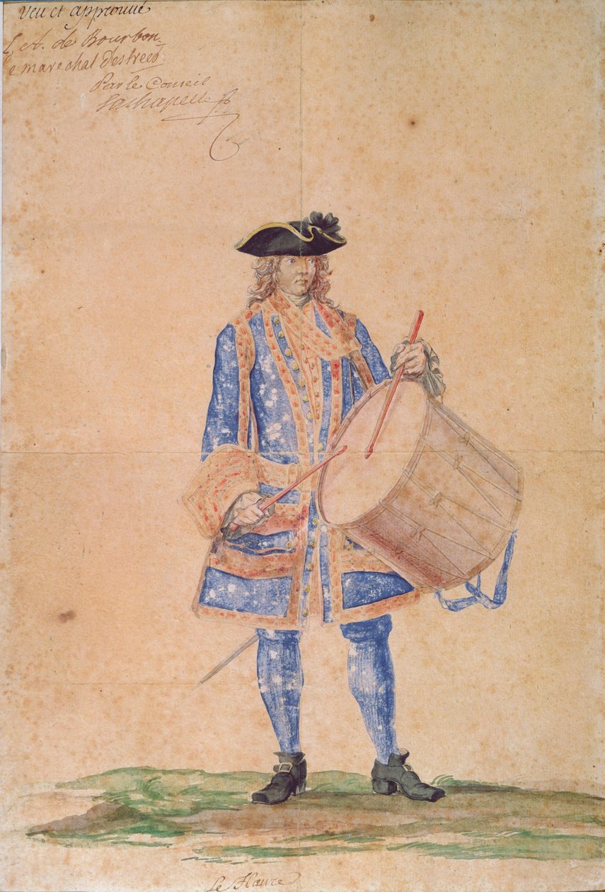 Studie av uniformen til en marinekaptein stasjonert i Le Havre, 1718 (blyant, kroppsfarge og wc på brunt papir) av French School