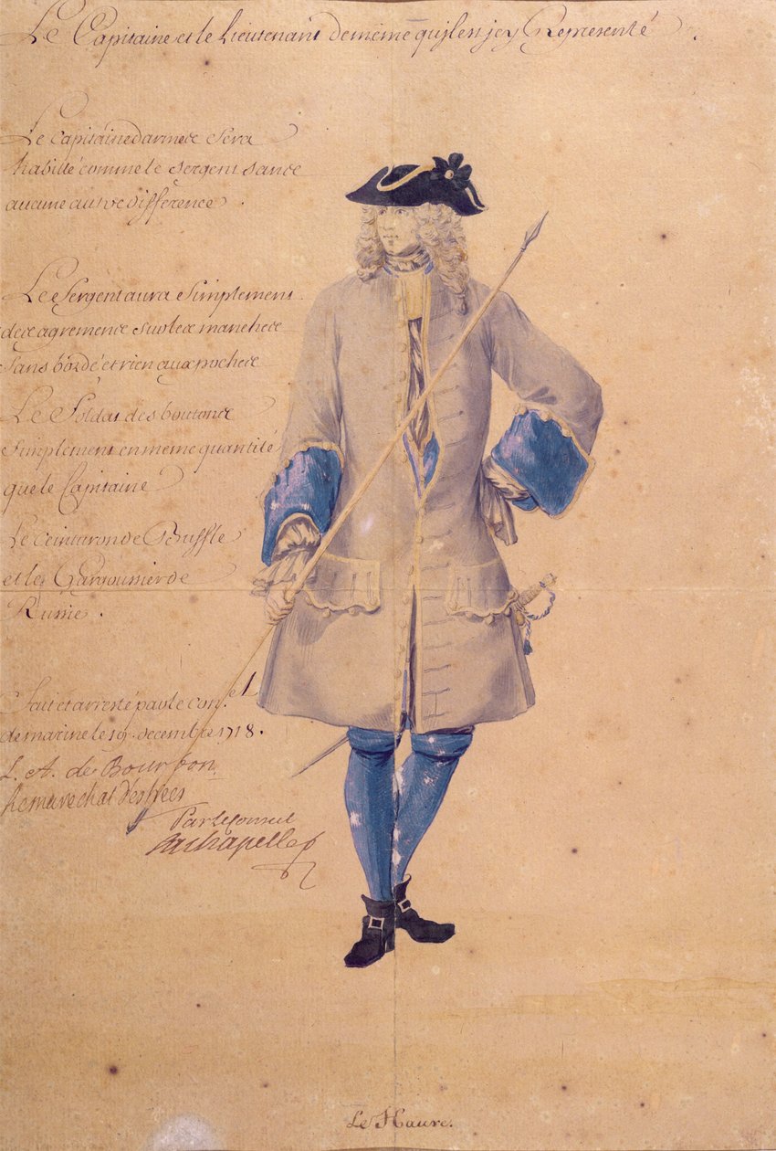 Studie av uniformen til en marinesoldat stasjonert i Le Havre, 1718 (blyant, kroppsfarge og wc på brunt papir) av French School