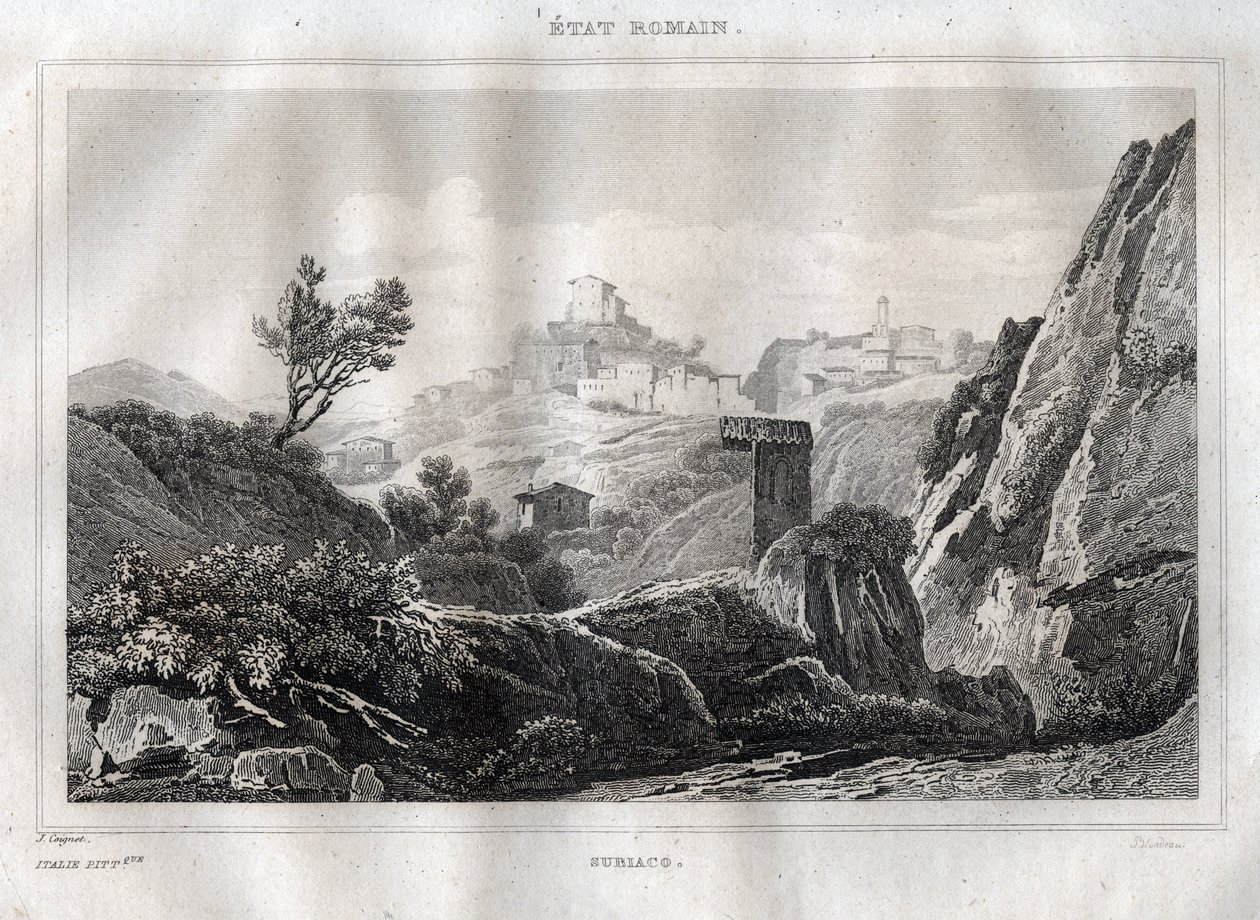 Subiaco Lazio i Metropolitan City of Roma - Gravering fra "" Pittoreske Italia"" av M. de Norvins, Ch. Nodier 1834-1836. av French School