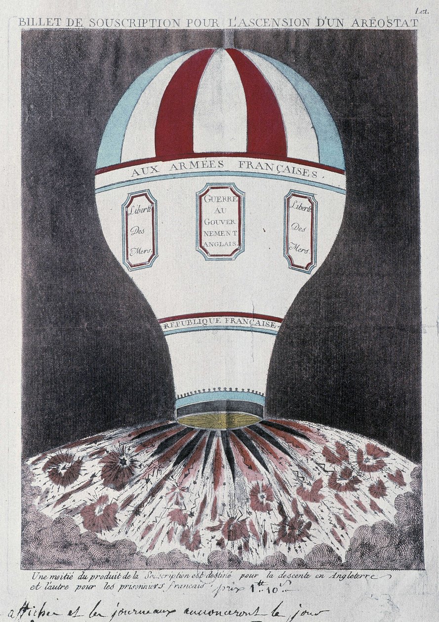 Abonnementsbillett for fremveksten av en aerostat for å invadere England, deb. 1800-tallet av French School