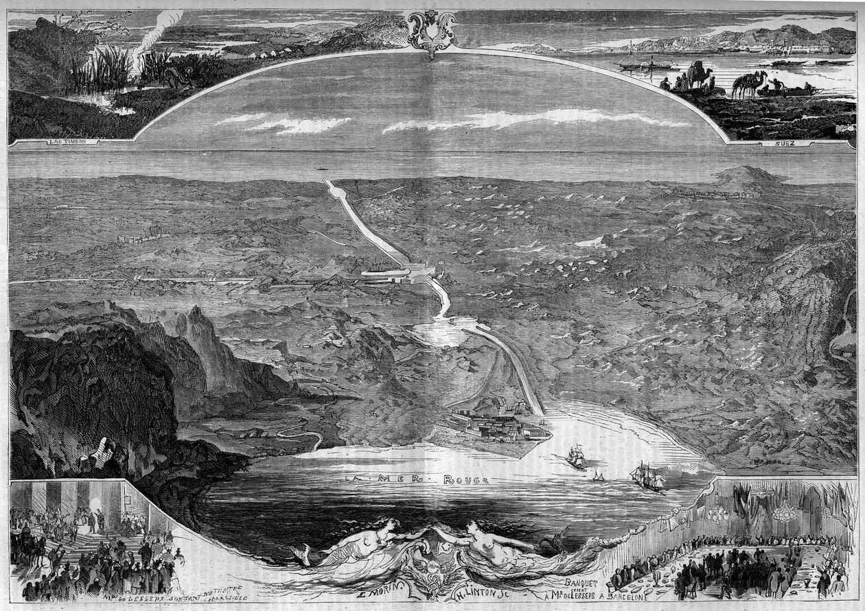 Suez-kanalen: panoramautsikt over hullet i Isthmus of Suez (Egypt), som ble bygget i 1859. Gravering av Morin i "" The Illustrous World"" nr. 84 av 20. november av French School