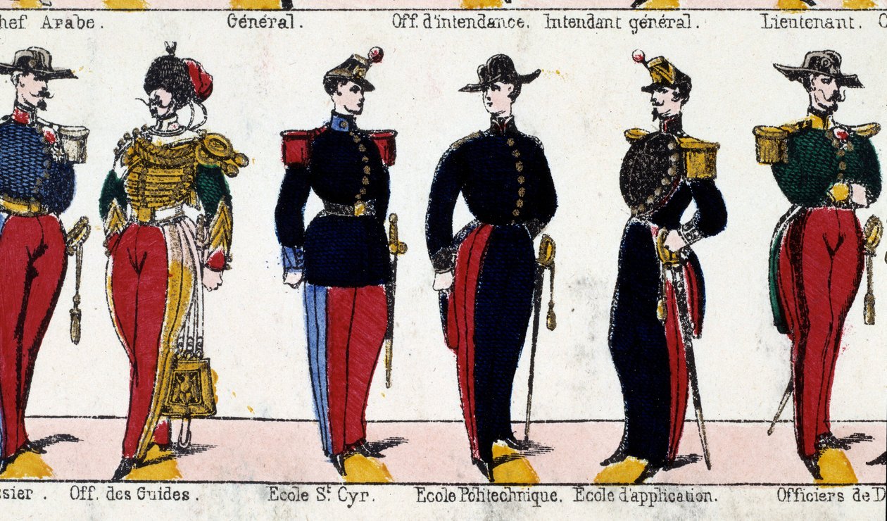 Drakter for studenter av offiser av guider, skolen i Saint Cyr, Polytechnique og skolen for søknad. Gravering fra 1800-tallet. Paris, Musee Carnavalet av French School