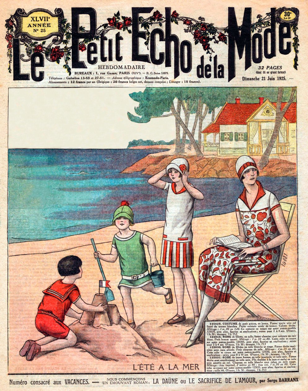 Sommer på havet, kvinne med sine tre barn på stranden av French School