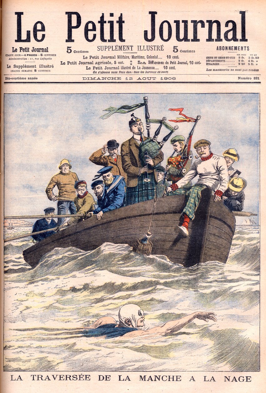 Svømmer den engelske kanal. Engelskmannen Jabez Wolffe gjør det første av sine 22 mislykkede forsøk på å svømme over kanalen. La traversée de la manche a la swim av Jabez Wolffe (1877-1943) - Illustrasjon for Le petit Journal av French School